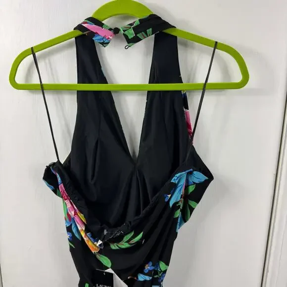 Lauren Ralph Lauren Floral Halter Midi Dress Size 12 – Black Tropical Belted NWT - Picture 6 of 12